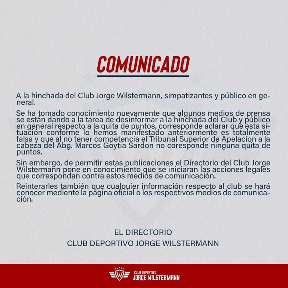 Comunicado oficial Wilstermann sobre supuesta quita de puntos.