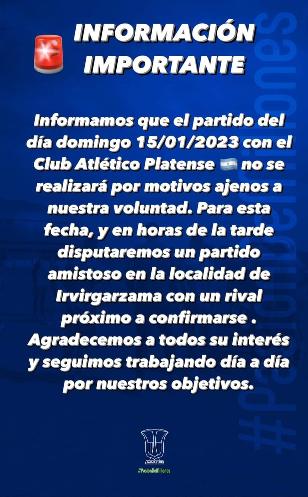Comunicado de Atlético Palmaflor sobre la suspensión del amistoso ante Platense de Argetina. Atlético Palmaflor.