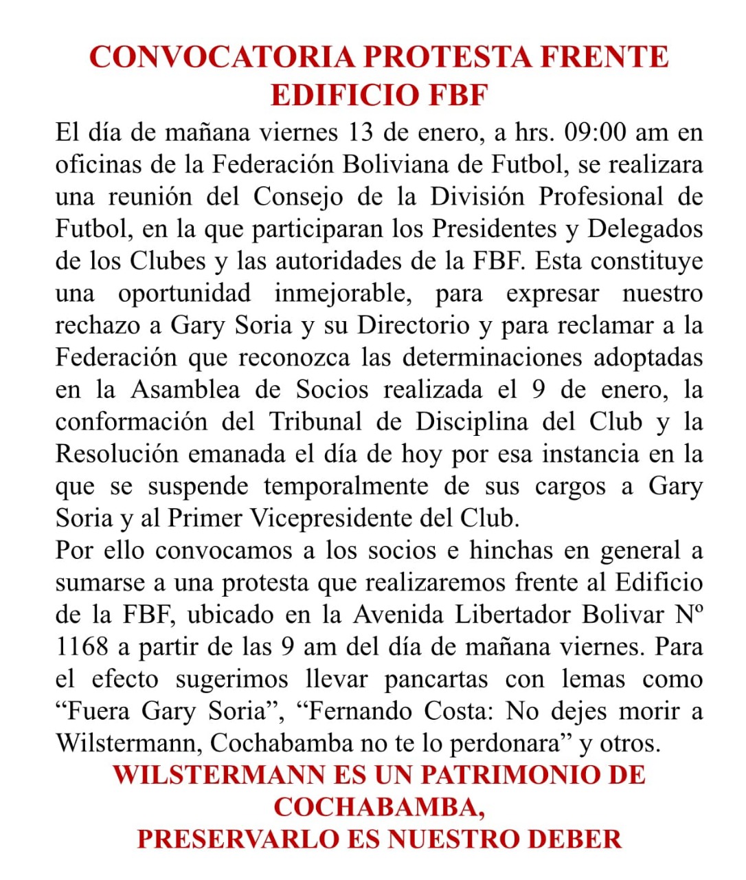 Convocatoria de protesta en oficinas de la FBF por parte de hinchada wilstermanista.