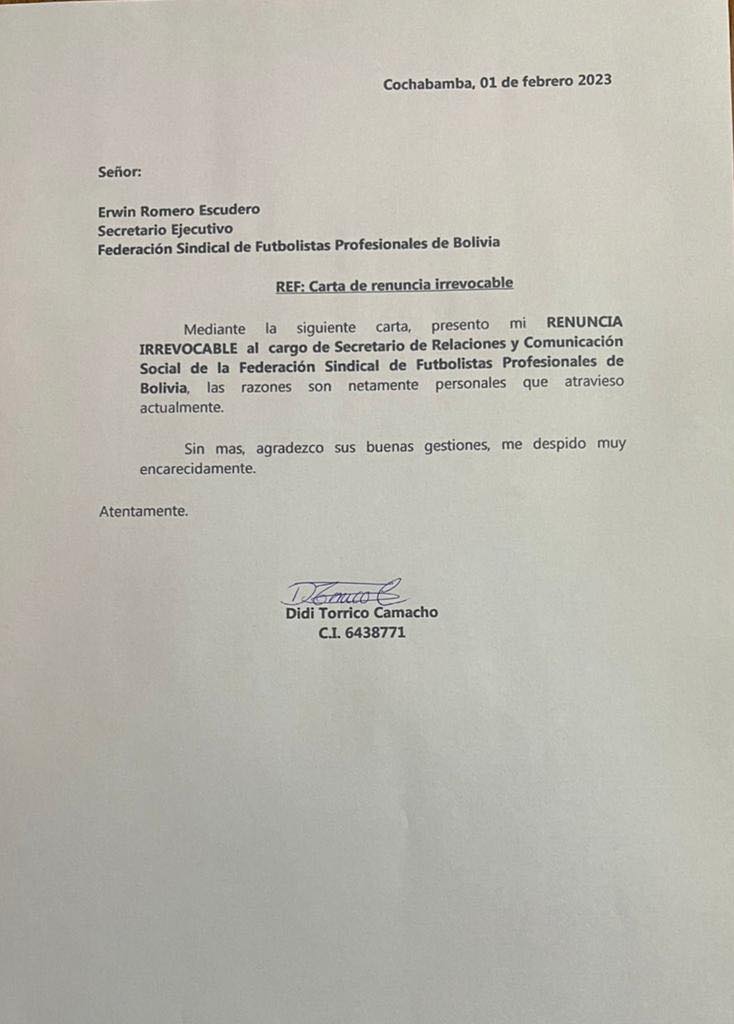 Carta de renuncia a FABOL de Didi Torrico. MD.