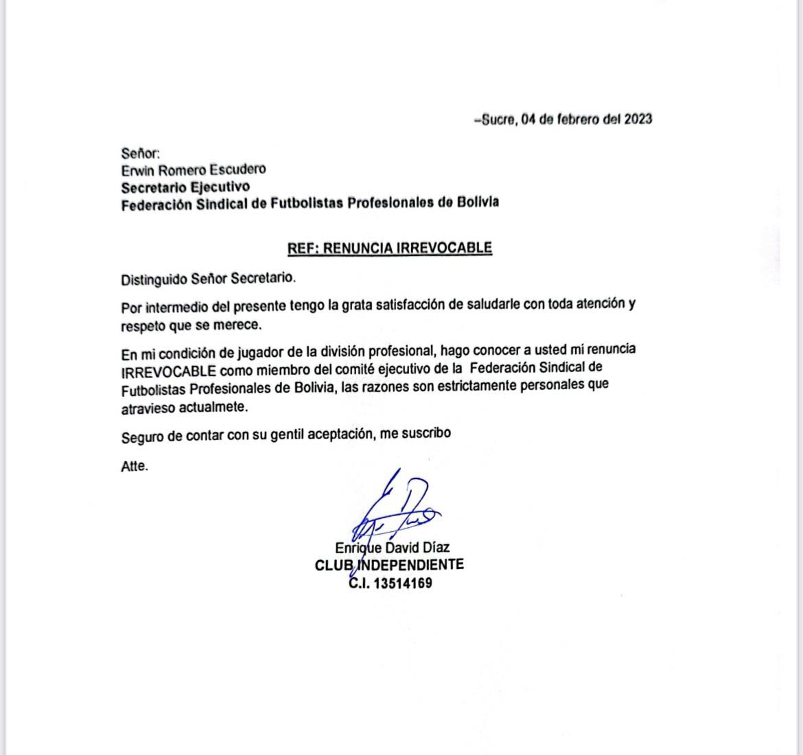Carta de renuncia a FABOL de David Díaz. MD.
