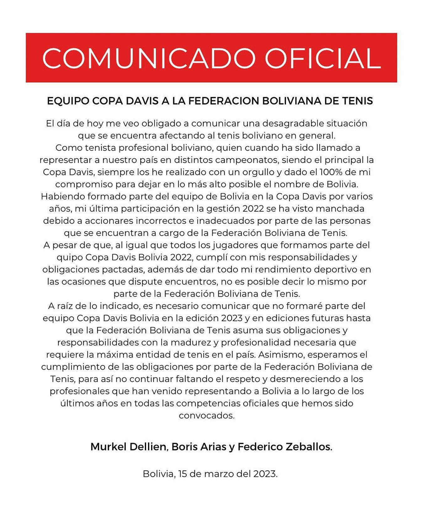 Comunicado de Federico Zeballos, Murkel Dellien y Boris Arias.