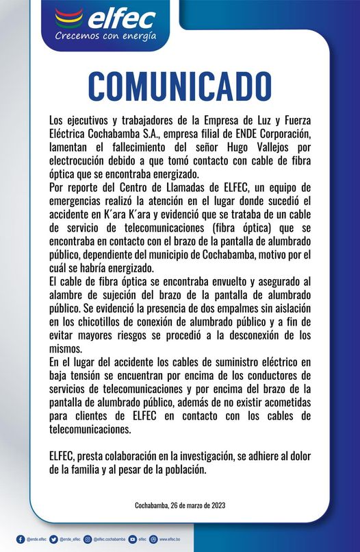 Comunicado de ELFEC trasel deceso de Hugo de 45 años. Página de Facebook de Elfec.