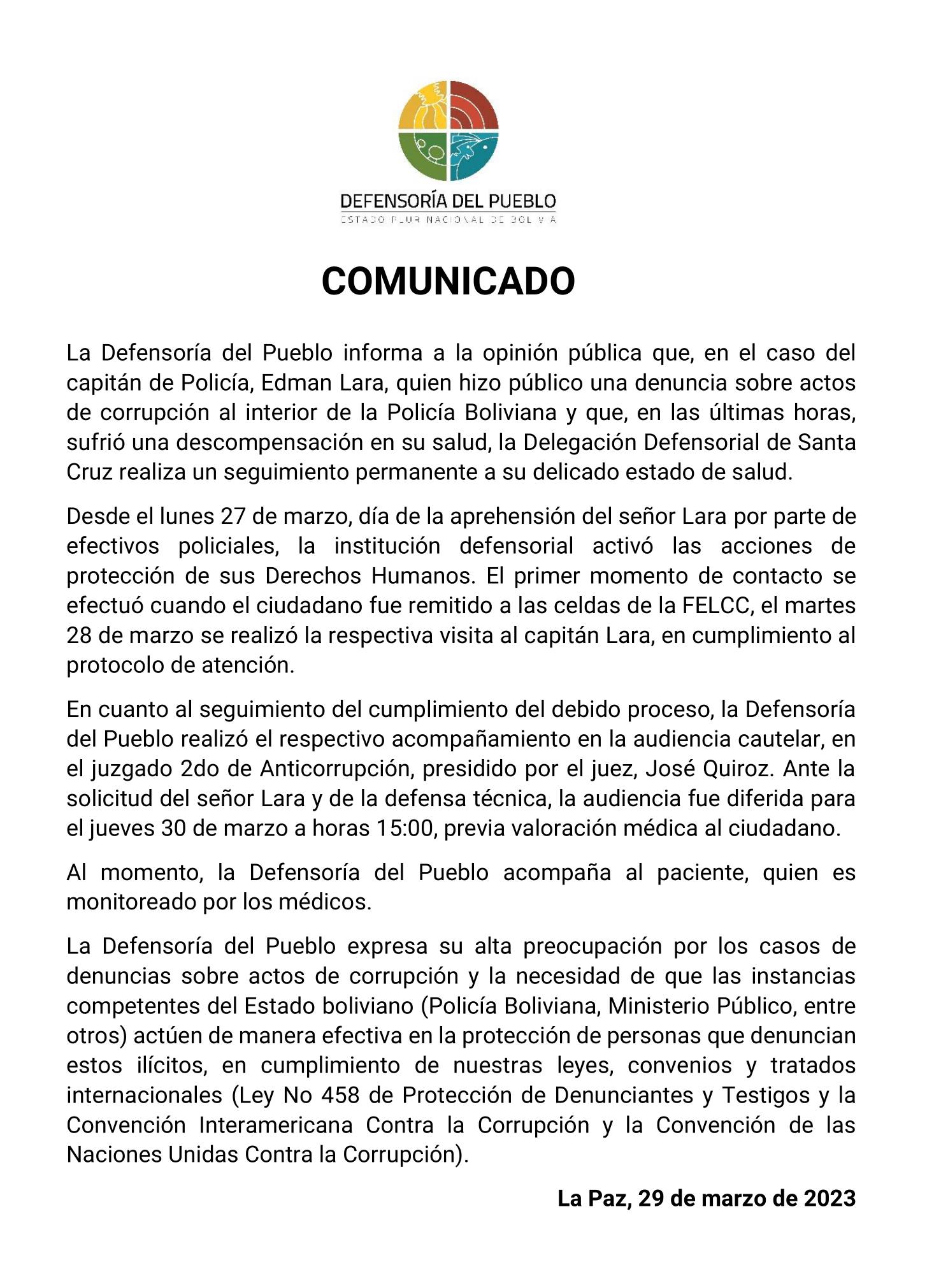 Comunicado emitido por la Defensoría del Pueblo. / DEFENSORÍA DEL PUEBLO