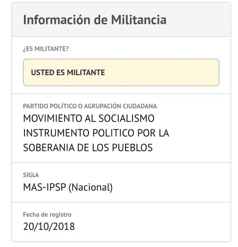 El registro de Arce en la plataforma Yo Participo.