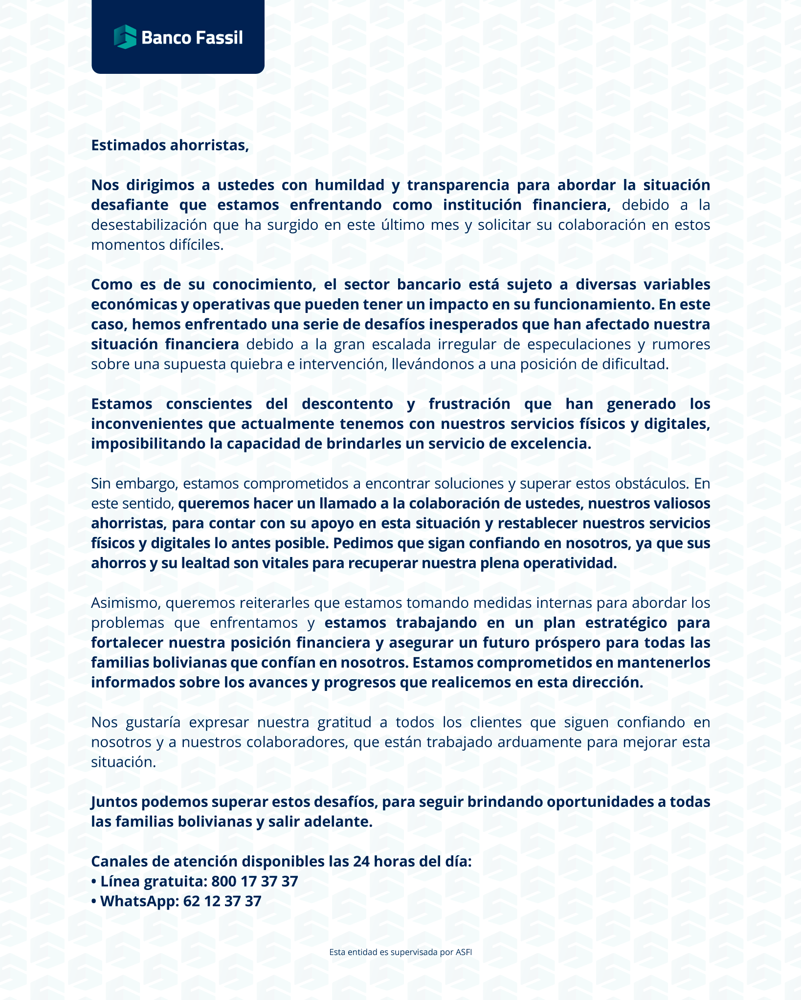 El comunicado del Banco Fassil respecto a su situación adversa.