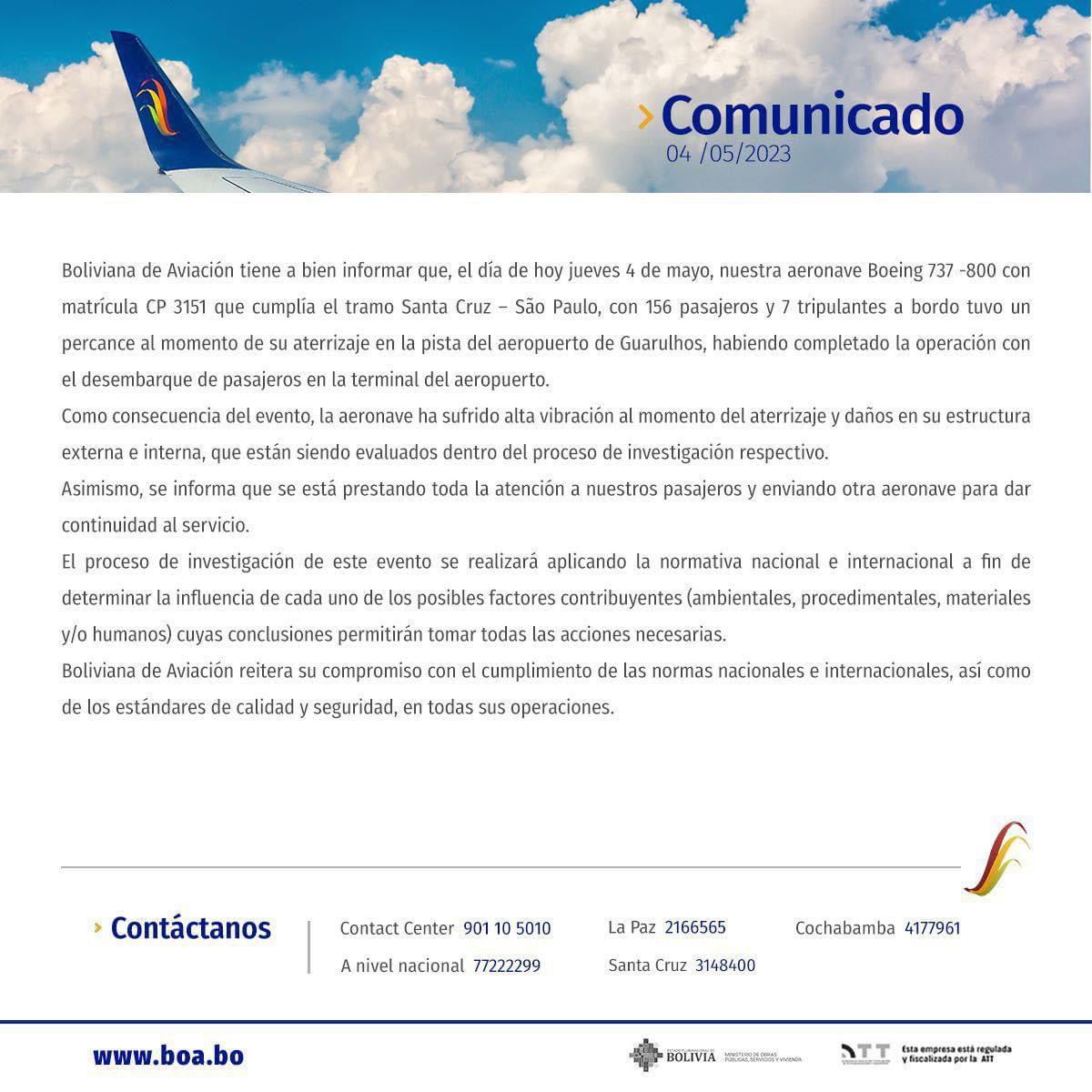 Comunicado emitido por la empresa. FACEBOOK