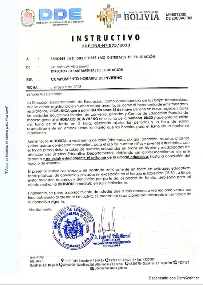 Instructivo de la DDE de Cochabamba, respecto al horario de inverno. DDE