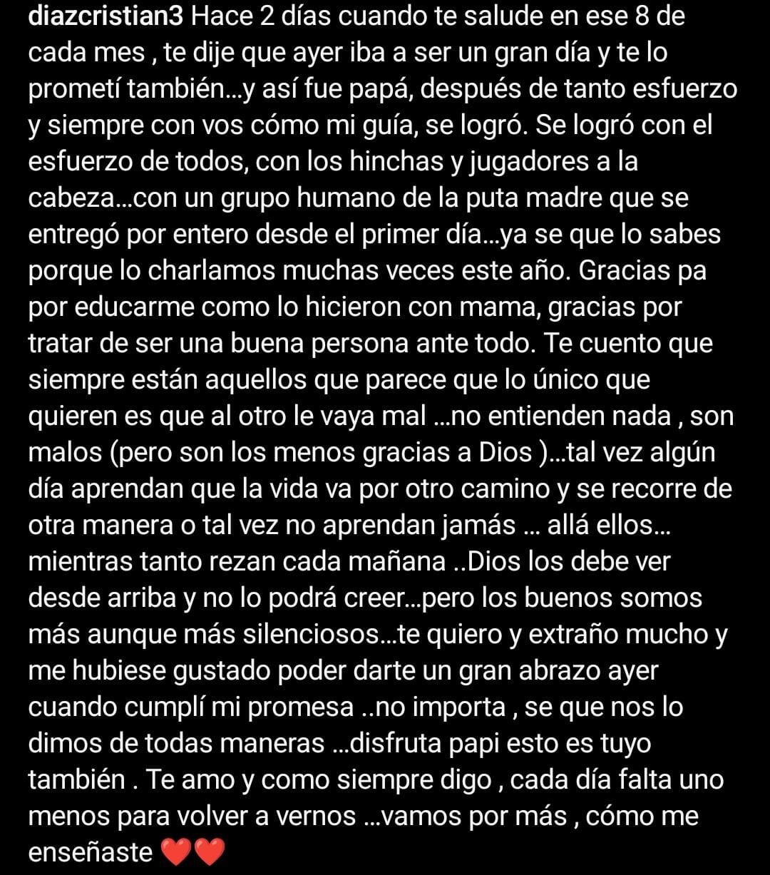 Captura de la publicación que realizó el DT. Captura Instagram