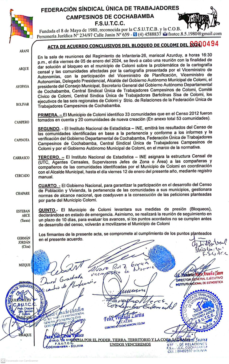 Acta del acuerdo entre pobladores de Colomi y el Gobierno. CORTESÍA