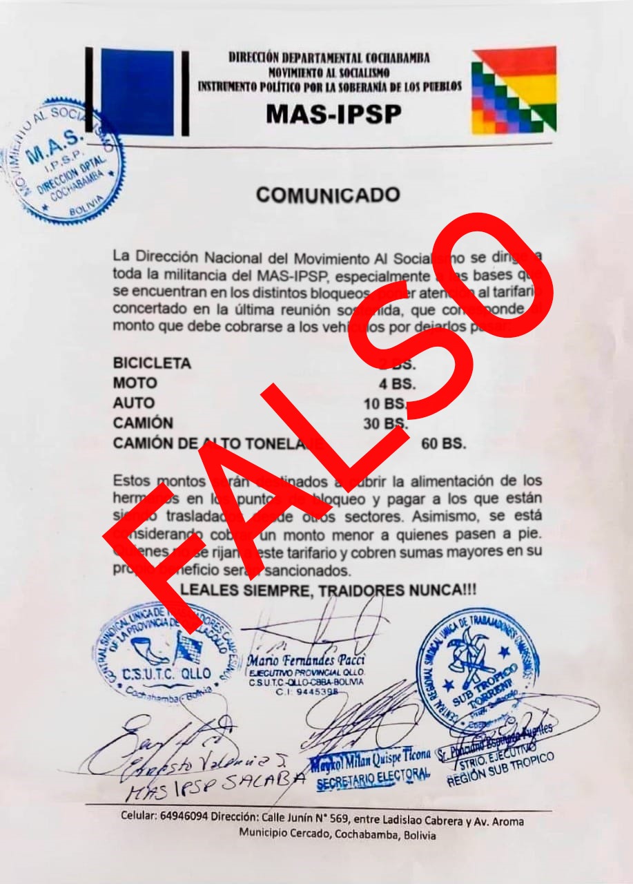 El documento que da cuenta de un supuesto tarifario en los bloqueos del "evismo", escrito que el MAS desmintió.