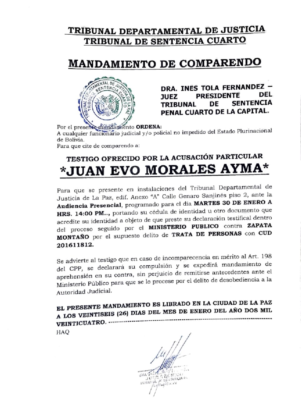 Mandamiento de comparendo contra Evo Morales. RRSS