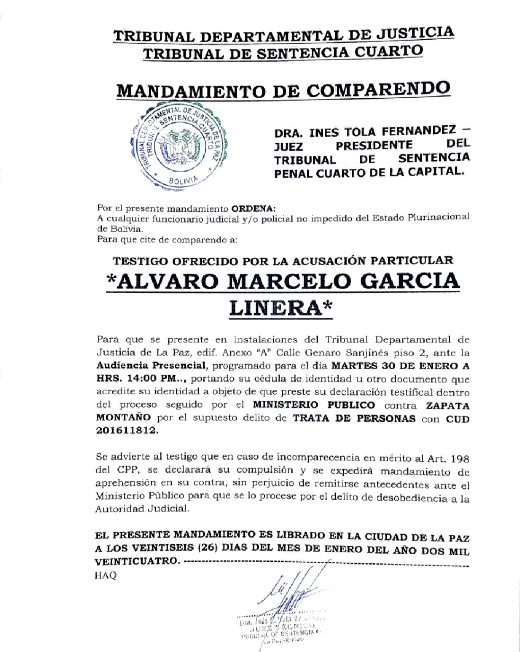 Mandamiento de comparendo contra Álvaro García Linera. RRSS