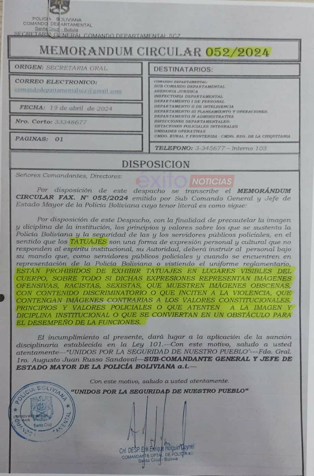 La circular, mediante la cual el Estado Mayor le prohíbe a los policías mostrar sus tatuajes cuando usen el uniforme.