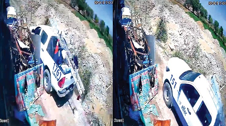 Fotografías obtenidas de la grabación  de una cámara de vigilancia muestran a los ladrones escapando en un auto con logos falsificados de ELFEC. / CORTESÍA